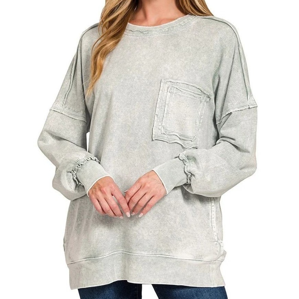 Zenana Acid Washed French Terry Pullover Sweatshirt Womens L Raw Edge Distressed